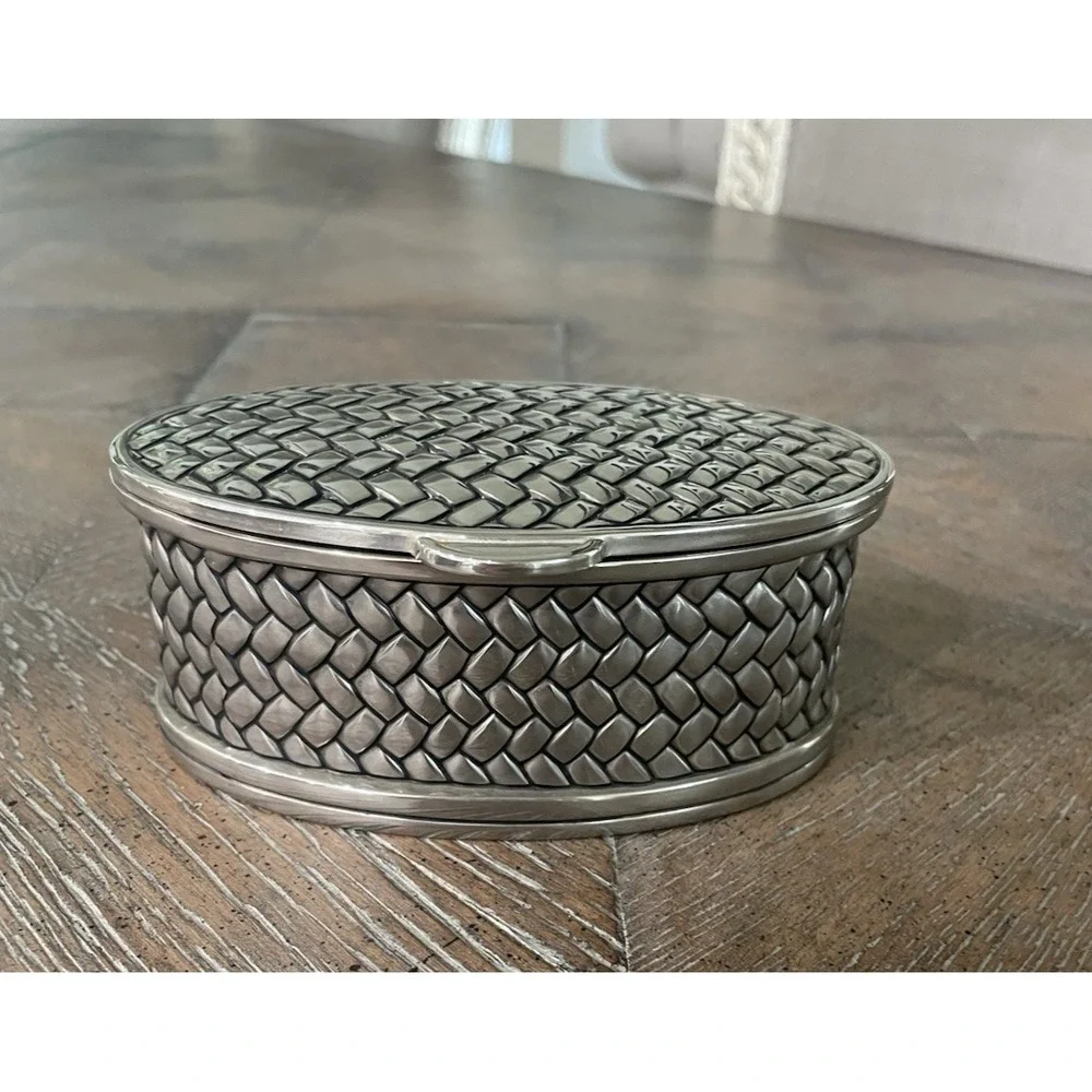 Vtg Godinger Silver Metal Basket Weave Hinge Lidded Trinket‎ Box Velvet Lining